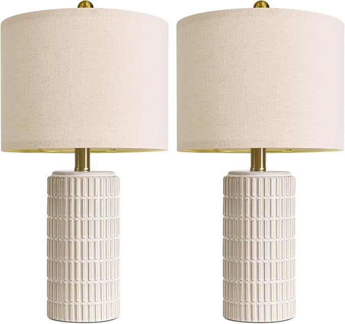 PoKat 20" Small Modern Ceramic Table Lamps Set of 2 for Bedroom, White Bedside Lamps for Night Stands, Farmhouse Decor Nightstand Table Lamps for Living Room End Table Beige