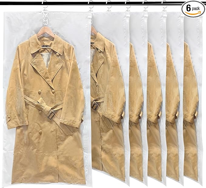 Colemoly Hanging Vacuum Storage Bags for Clothes Coats 6 Pack 49x27.6 Inches Space Saver Hanging Storage Vacuum Sealed Reusable Compressed for Suits, Dress, Jackets