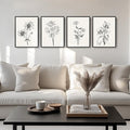 Framed Black and White Floral Wall Art for Living Room, 4 Piece Vintage Botanical Canvas Painting Prints Artwork for Walls, Rustic Minimalist Flower Pictures for Bedroom Hallway Kitchen Wall Decor