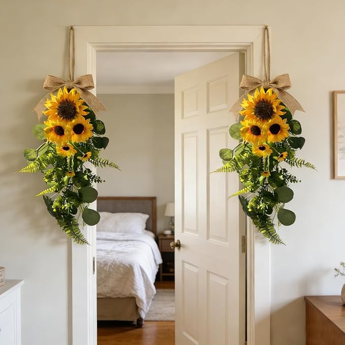 24in Artificial Sunflowers Teardrop Swag Spring Summer Sunflowers Floral Swag Wreath with Burlap Bow Fake Yellow Sunflower Garland for Front Door Indoor Outdoor Window Home Decor