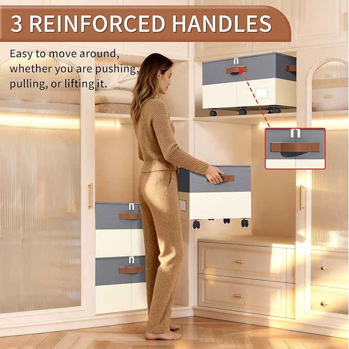 Shoe Organizer for Closet, Shoe Storage Organizer with Wheels and Adjustable Dividers, Stackable Shoe Storage Box with Clear Cover, Closet Shoe Organizer Fits up to 24-48 Pairs, Gray and Beige