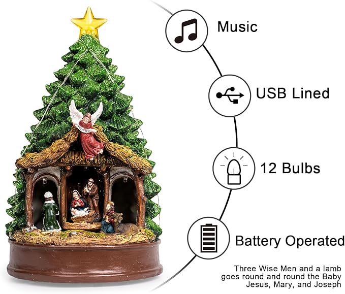 Christmas Tree Lighted Animated Rotating Adoration of The Magi Nativity Manger Scene, Musical Creche With Barn Animals Figurines LED Lights, Home Decor Gifts Festive Holiday Tabletop Decorations