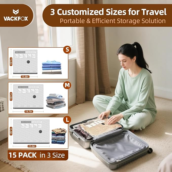 15 Pack Vacuum Compression Bags for Travel, Carry-on Size Seal Packing Cubes for Luggage, Vacuum Storage Bags, Space Saver for Clothes 80% for Travel & Home.（No pump）