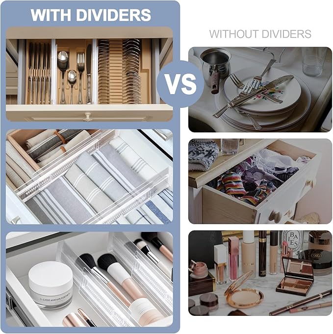 6 Pack Adjustable Drawer Dividers(11.34-19.88") 3.15" Expandable Clear Drawer Dividers for Kitchen, Bedroom & Office Dresser Drawer Organizers for Clothes, Utensils and Baby Nursery Storage