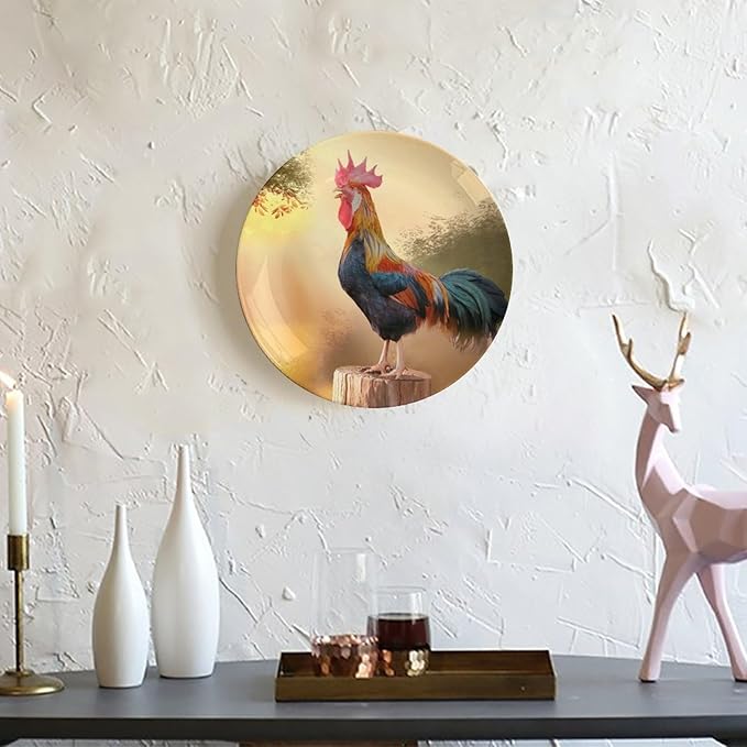 Rooster Decorative Ceramic Plates, 10 Inch, Crowing Cock Round Display Plate, Decorative Plates with Stand, for Kitchen Living Room Office Countertop Decor