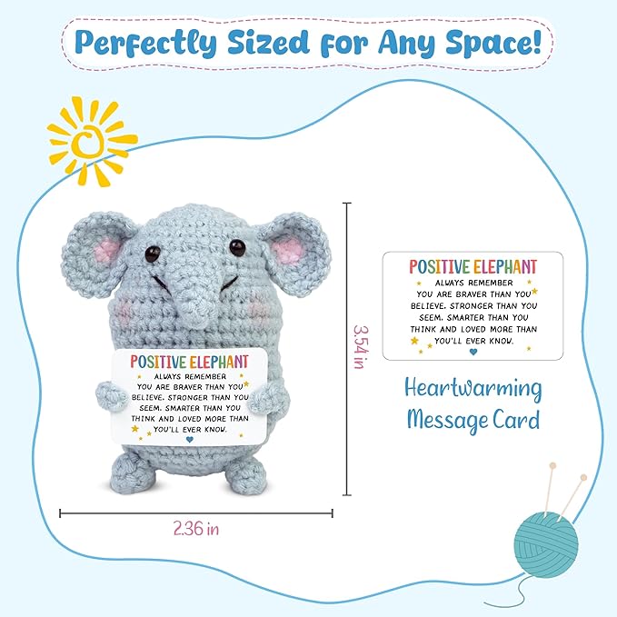 OASSIE Thank You Gifts for Women - Mini Positive Crochet Animals Elephant - Inspirational Birthday Preschool Kindergarten Graduation Gifts Trendy Stuff for Teen Boys Girls Kids Friend Daughter Sister