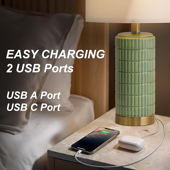 PoKat Bedside Table Lamps Set of 2 for Living Room with 2 USB Ports, 21.5'' Small Modern Nightstand Lamps for Bedroom, Ceramic Side Table Lamps with Gold Base for Office Entryway Decor Gift (Green)