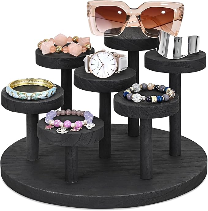 Ikee Design 7-Tier Wooden Display Riser for Jewelry, Accessories, and Collectibles items Wooden Jewelry and Figurine Display Risers, Multilevel Stand for Action Figures and Home Decor, Black Color