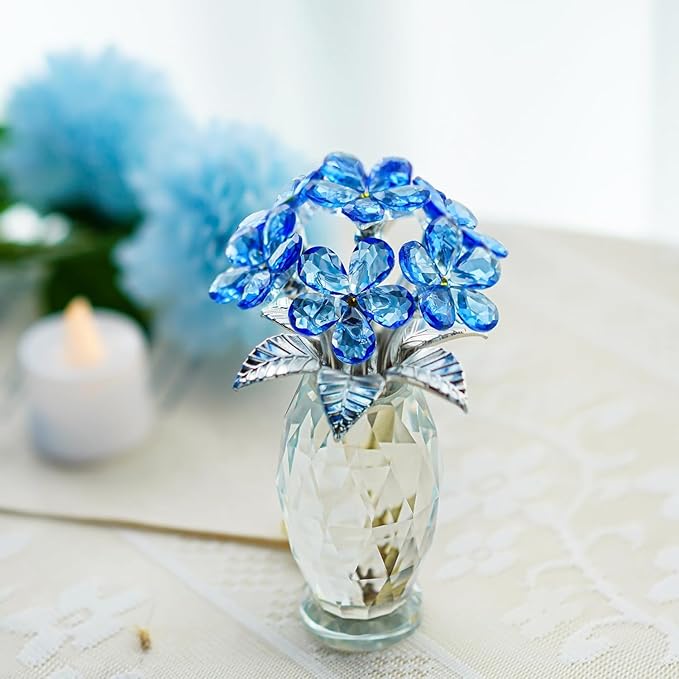 H&D HYALINE & DORA Blue Crystal Forget Me Not Flower Figurine,Flower Gifts for Women,Crystal Glass Flower Collectible Ornaments for Home Decor Table Centerpiece