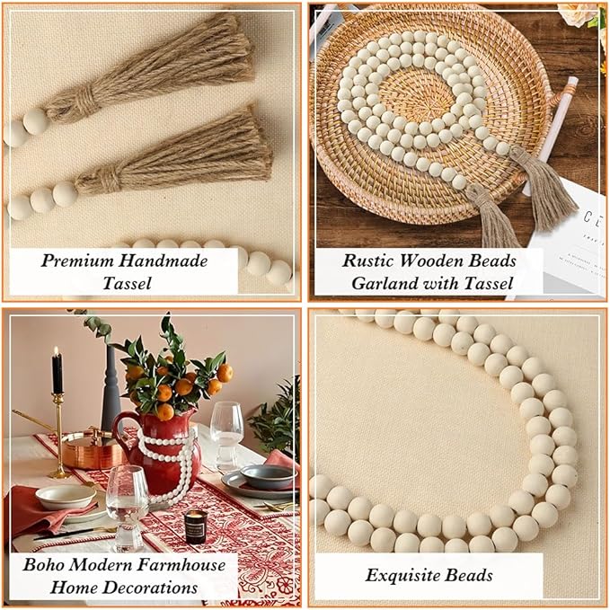 Wood Bead Garland 58 Inch Nature Wooden Beads for Boho Farmhouse Table Home Decor with Tassel, Wooden Prayer Bead, Rustic Country Boho Wall Hanging Decor for Kitchen Modern Living Room Tray Vase Shelf