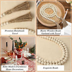 Wood Bead Garland 58 Inch Nature Wooden Beads for Boho Farmhouse Table Home Decor with Tassel, Wooden Prayer Bead, Rustic Country Boho Wall Hanging Decor for Kitchen Modern Living Room Tray Vase Shelf