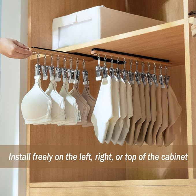 MORNITE Pull Out Hat Rack for Closet, Sliding Hooks Hanger Rack with Clips for Bras Caps Underwear Socks Scarves Gloves Handkerchiefs, Dual Side 12 Clips Rail, 2 Pcs
