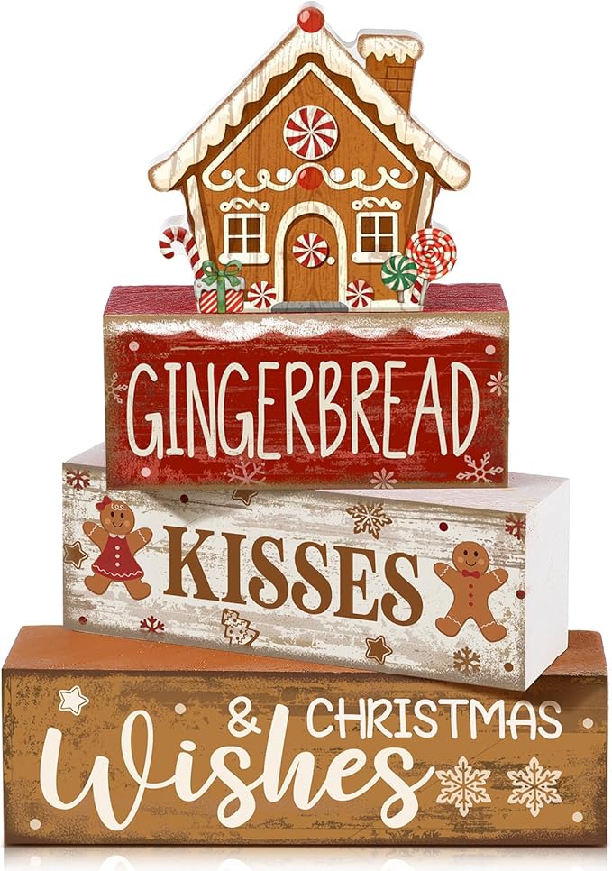Moucuny 4 Pcs Christmas Table Decoration Gingerbread House Wooden Stacked Block Decor Gingerbread Centerpiece Block Signs Rustic Christmas Tiered Tray Decoration for Home Kitchen Coffee Bar
