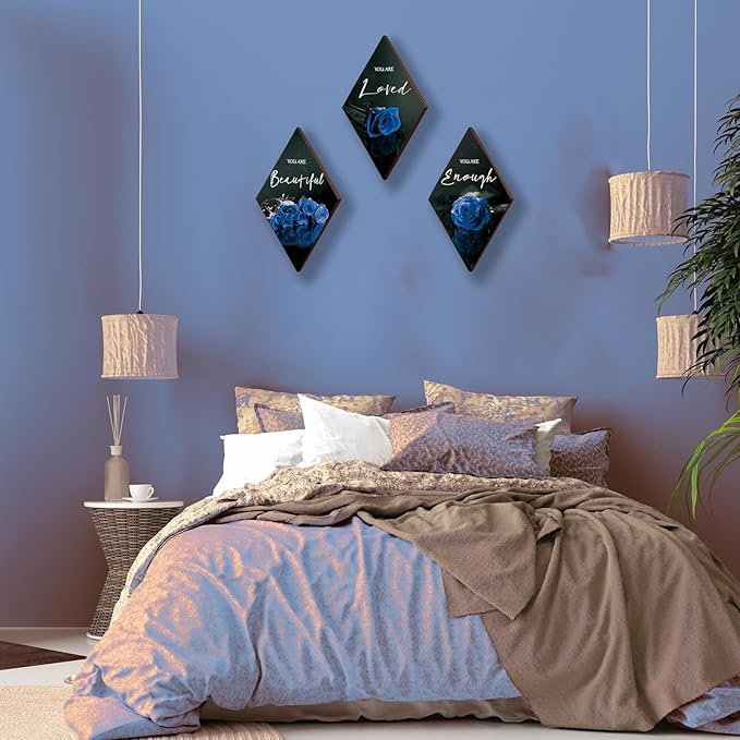 ONIZHITY 3 Pieces Blue Wall Decor Rose Wooden Bathroom Decor Positive Quotes You Are Beautiful Blue decor blue and Black Wall Decor for Bedroom Room Kitchen Bathroom Wedding Decor(12 x 7 inch)