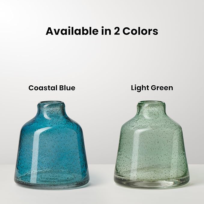 Torre & Tagus 6 Inch Tall Green Glass Vase with Gold Flakes, Mouth Blown Glass Vases Green Flower Vase Centerpieces, Watertight for Hydroponic Plants, Coastal Seagreen Gold Decor Accents (Marina)