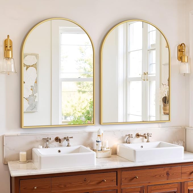 Bathroom Mirror for Wall, 30x20 Inch Arched Mirror, Matte Gold Metal Framed Bathroom Vanity Mirror for Restroom Farmhouse, Anti-Rust, Tempered Glass, Hanging or Leaning