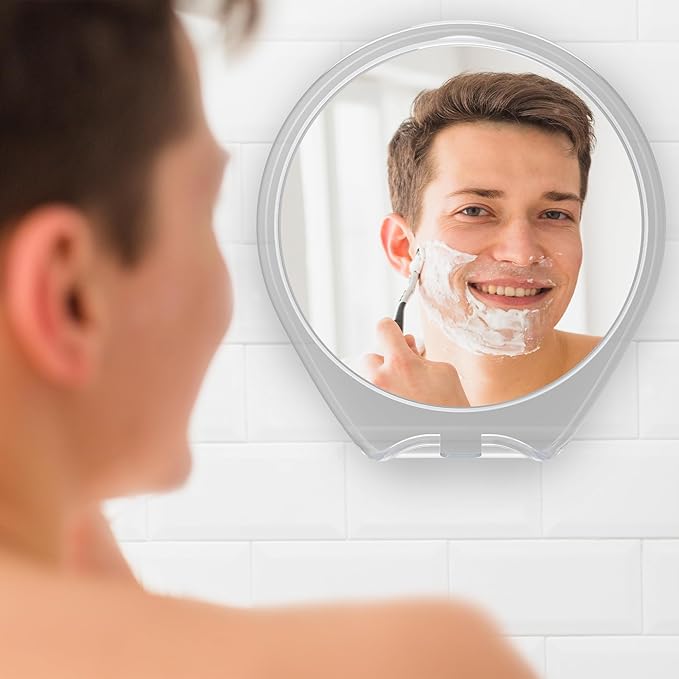 HONEYBULL Fogless Shower Mirror with Suction Mount & Swivel – Anti-Fog Acrylic Bathroom Mirror for Shaving – Built-in Razor Holder, Easy Install, Home Shower Accessory (White)