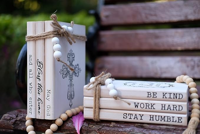 LIVDUCOT Rustic Decorative Coffee Table Books for Home, Wood Book Stack Decor Set of 3, Farmhouse Mantel Decor, Christian Gifts (May God Bless This Home And All Who Enter)