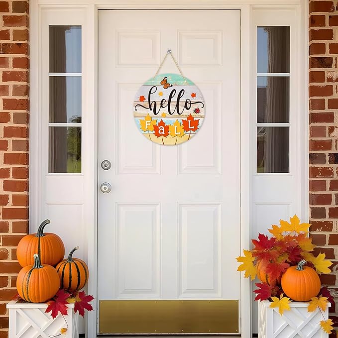 PETCEE Hello Fall Door Sign - 11.5" Farmhouse Maple Leaf Front Door Decor Welcome Hanger Wreaths for Home Office Autumn Fall Decor Wall Decorations Reusable Seasonal Sign for Kitchen Classroom Porch