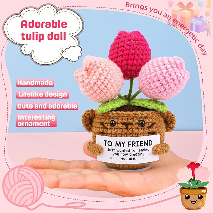 Positive Crochet Gifts for Women/Men, Tulip Flowers Emotional Support Thank You Gifts for Wife Husband, Friends Teachers with Thanks Card for Anniversary, Christmas, Birthday -to My Friend