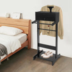Clothing Valet Stand, Wood Suit Rack with Drawer & Compartment, Freestanding Valet Stand for Women and Man, 17"x12"x44" Suit Stand for Home Hotel Office (Black)