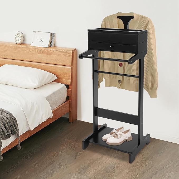 Clothing Valet Stand, Wood Suit Rack with Drawer & Compartment, Freestanding Valet Stand for Women and Man, 17"x12"x44" Suit Stand for Home Hotel Office (Black)