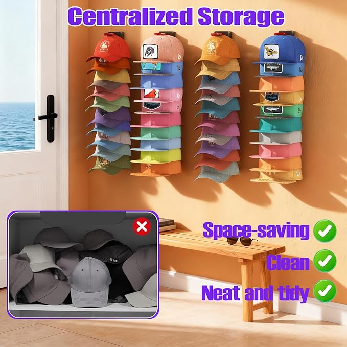 AXU 2 Pack Hat Organizer for Baseball Caps, Hat Rack for Wall (Rainbow)
