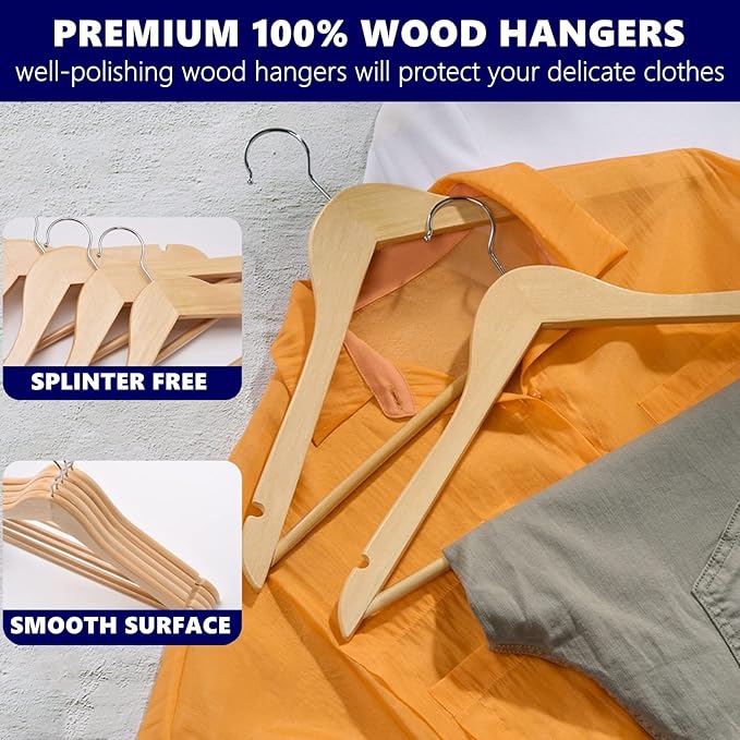 Amber Home 30 Pack Wooden Coat Hangers, Natural Wood Suit Hangers with Non-Slip Pant Bar, Clothes Hangers for Closet Organization, Shirts, Jackets, Dresses, and Pants (Natural, 30)