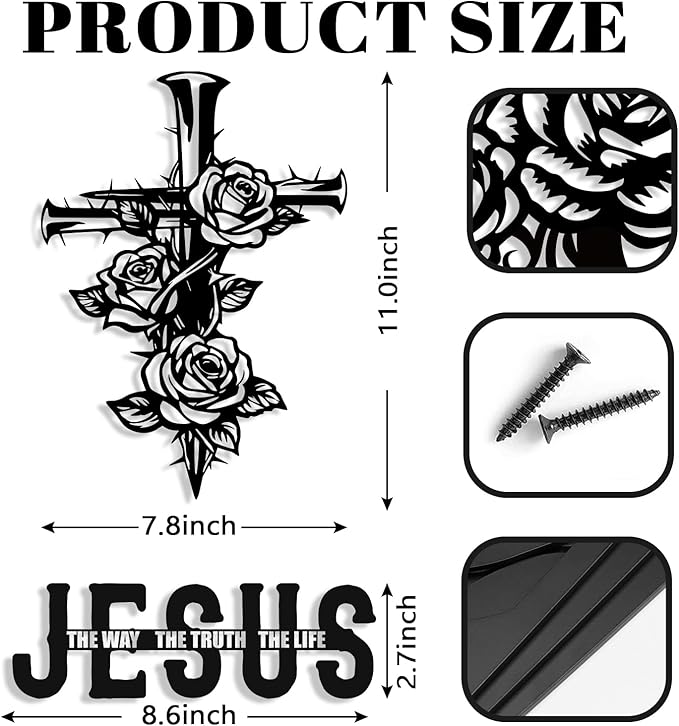 Kercan Jesus Cross Metal Wall Decor Christian Wall Art for Home Religious Cross Decoration Living Room Bedroom Prayer Room The Way The Truth The Life Christ Inspired Christian Gift for Family Friends