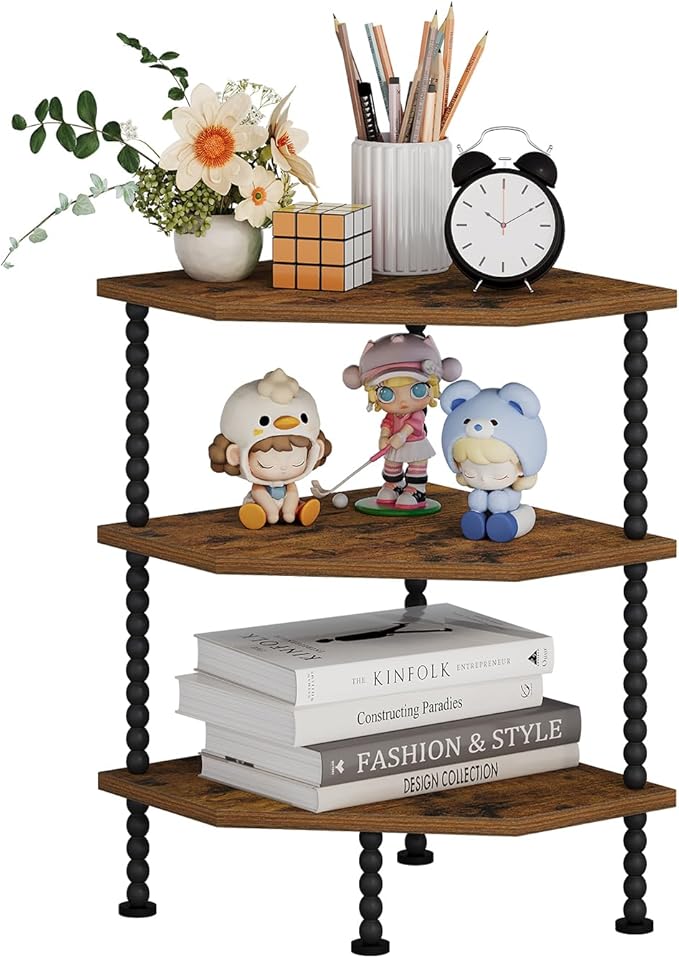 YINMIT Corner Shelf Stand, Standing Corner Display Shelf, Corner Organizer Shelf for Living Room, Bedroom, Bathroom, Kitchen, Small Spaces (Rustic Brown, 3 Tier)