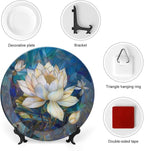 Stained Glass Theme Decorative Ceramic Plate Round Porcelain Plate,6 inch,Flowers in The Pond Pattern,for Decorative Ornaments Giving Plates, 1 Plate with 1 Display Stand,Blue White