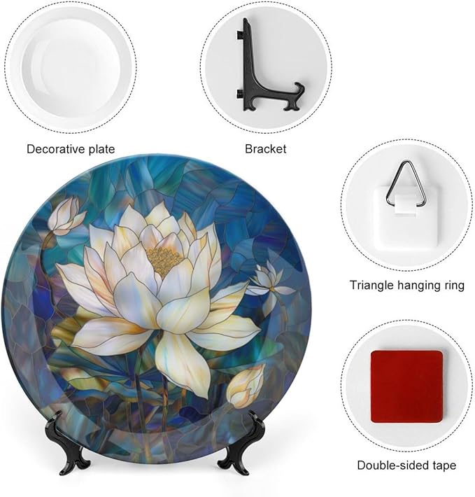 Stained Glass Theme Decorative Ceramic Plate Round Porcelain Plate,6 inch,Flowers in The Pond Pattern,for Decorative Ornaments Giving Plates, 1 Plate with 1 Display Stand,Blue White