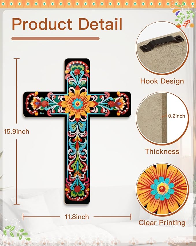 Putuo Decor Floral Cross Wall Decor Hand Painted Decorative Wooden Inspirational Cross Spanish Style Wall Cross Decor Mexican Art Wall Decor Crucifix for Home Room Church Decoration