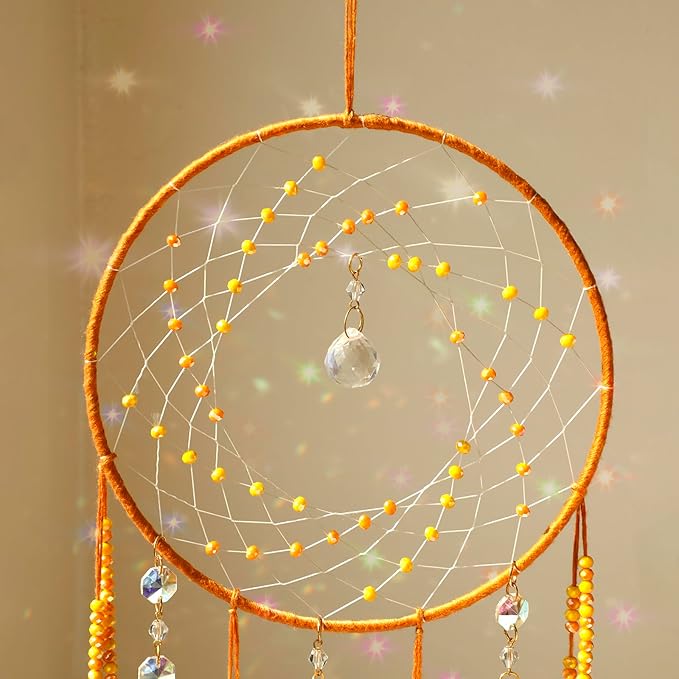 Artilady Dream Catchers with Crystals - Large Boho Yellow Moon Dream Catcher Wall Decor House Decorations for Home Girls Kids Baby Bedroom Room Decor Christmas Birthday Teen Girl Boys Gifts