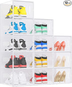 eWonLife Large Shoe Organizer Storage Box with Magnetic Door,12 Pack Clear Plastic Stackable Sneaker Containers for Closet, Connect Left and Right Shoe Box for Entryway, Drop Front, Under Bed (White)