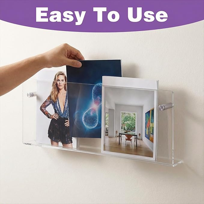 2 Packs Acrylic Magazine Holder Wall Mount Acrylic Display Vinyl Records Holder, Clear Bookshelves Wall Decor Hanging Magazine Holders for Waiting Room, Living Room