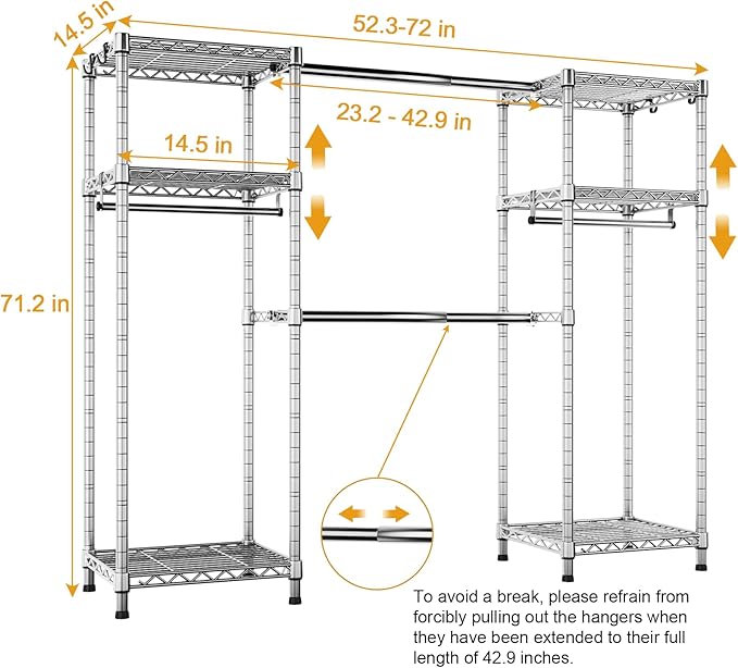Ulif E7 Garment Rack, Heavy Duty Clothes Storage System with Extendable Hangers Rods, Metal Clothing Rack with 6 Wire Shelves, (52.3"-72") W x 14.5" D x 71.2" H, Load 838lbs, Chrome