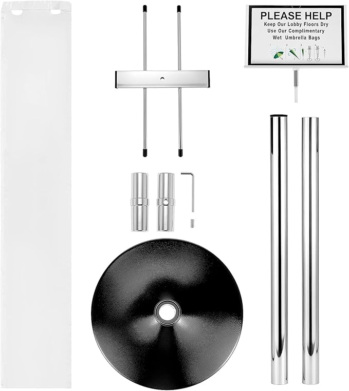 QWORK Umbrella Bag Dispenser Stand, Stainless Steel Dual-Side Holder, 8x11 Sign Frame, 6 lb Freestanding Black Base, Includes 200 Long Umbrella Bags for Lobby Entryway