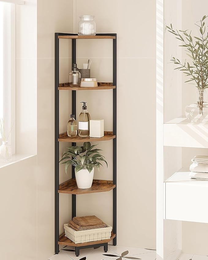 Hzuaneri Corner Shelf Stand, Corner Bookshelf, Storage Standing Shelf Unit with Metal Frame, Plant Stand, Bookcase for Living Room, Home Office, Bedroom, 5-Tier Rustic Brown CS05901B