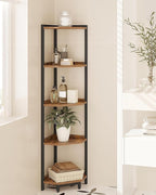 Hzuaneri Corner Shelf Stand, Corner Bookshelf, Storage Standing Shelf Unit with Metal Frame, Plant Stand, Bookcase for Living Room, Home Office, Bedroom, 5-Tier Rustic Brown CS05901B
