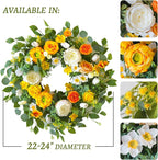 Spring Wreaths for Front Door Outside 24 Inch Yellow & White Spring Summer Wreath with Peony Rose Ranunculus Daffodil & Greenery, Indoor Outdoor Vibrant Hanging Season Decor for Wall Porch