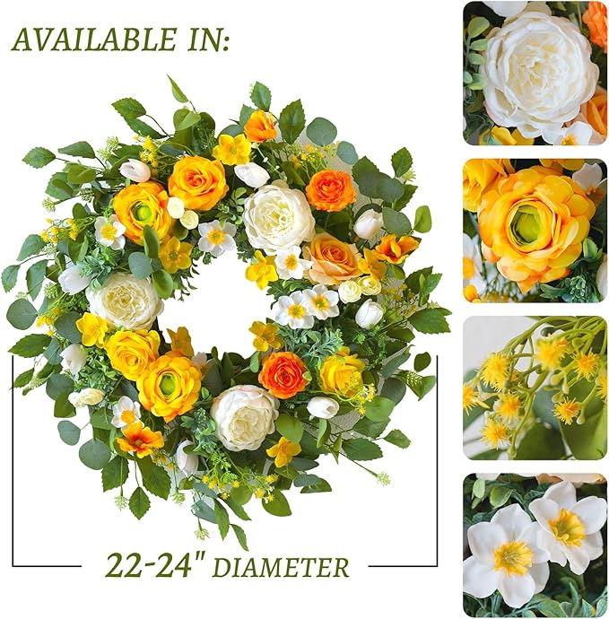 Spring Wreaths for Front Door Outside 24 Inch Yellow & White Spring Summer Wreath with Peony Rose Ranunculus Daffodil & Greenery, Indoor Outdoor Vibrant Hanging Season Decor for Wall Porch