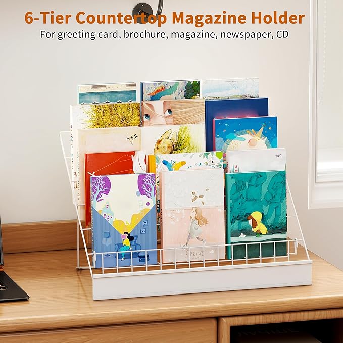 6-Tier 30" Wide Metal Magazine Holders,Wire Countertop Rack with Sign Channel,Retail Book Brochure Magazine Display Stand Literature Greeting CD Card Rack for Book Signing,Vendor Booth (White)