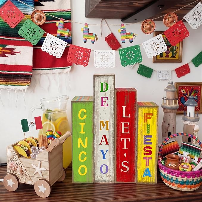Lineshading 4 Pcs Cinco De Mayo Decor Wooden Books Stack Mexican Table Decorations Rustic Fiesta Tiered Tray Decor Sombrero Cactus Red Chili Centerpiece for Fiesta Mexican Birthday Party Decoration