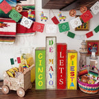 Lineshading 4 Pcs Cinco De Mayo Decor Wooden Books Stack Mexican Table Decorations Rustic Fiesta Tiered Tray Decor Sombrero Cactus Red Chili Centerpiece for Fiesta Mexican Birthday Party Decoration