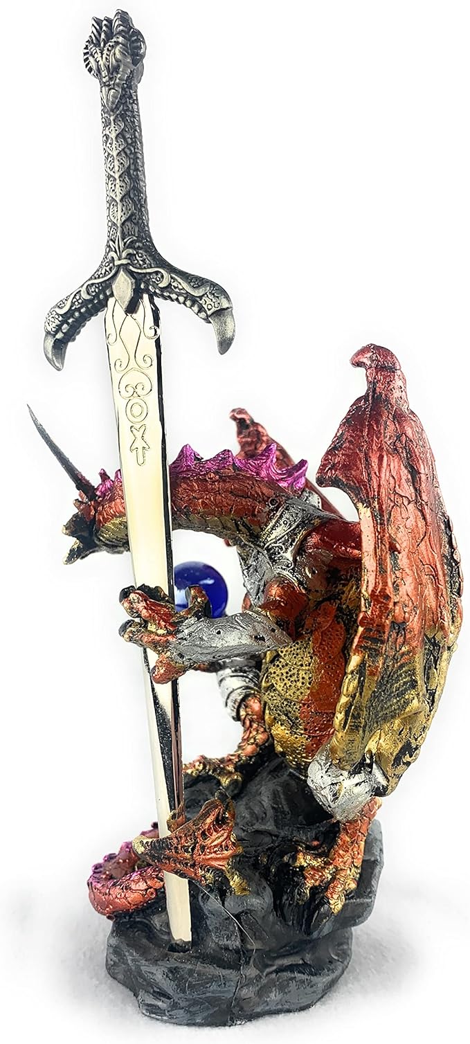 Ain't It Nice Dragon Statue with Medieval Sword and Crystal Ball - Collectible Dragon Figurine, Red - 4(L) 3.5(W) 7(H) inches
