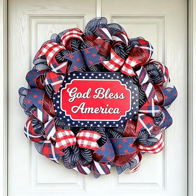 250th Anniversary Patriotic Wreath, 1776-2026 American Independence Day Wreath,16 in Red White Blue Front Door Wreath, Indoor Outdoor Home Decor for 4th of July, Memorial Day, Veterans Day (Z)