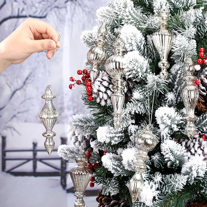 Mifoci 8 Pcs 6 Inch Mercury Glass Finial Christmas Ornaments Hanging Christmas Finials Glass Ornaments Assorted Mercury Decor for Vintage Holiday Xmas Tree Decoration(Silver)