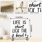 Life is Short Lick the Bowl Wooden Sign - 5" Funny Wooden Plaque With Metal Support - Rustic Tabletop Bathroom, Toilet, Kitchen Room Decor - Housewarming Gifts For Family & Friends - A01
