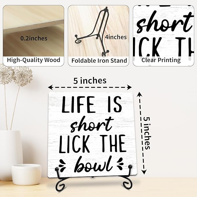 Life is Short Lick the Bowl Wooden Sign - 5" Funny Wooden Plaque With Metal Support - Rustic Tabletop Bathroom, Toilet, Kitchen Room Decor - Housewarming Gifts For Family & Friends - A01